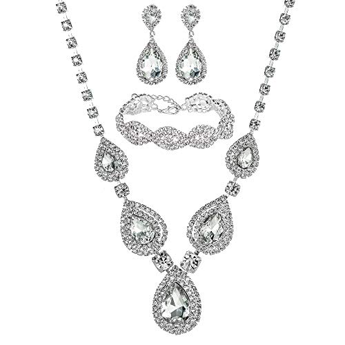 M MIRACULOUS GARDEN 3 Pack Crystal Rhinestone Teardrop Necklace Link Bracelet Drop Dangle Earrings Jewelry Set for Womens Girls, Womens Bridal Wedding Bridesmaid Party Birthday Prom Jewelry Gift.