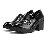 Soda “Kinder” ~ Women Slip On Chunky Mid Heel Lug Sole Penny Loafer Shoe (Black Patent, Numeric_8)