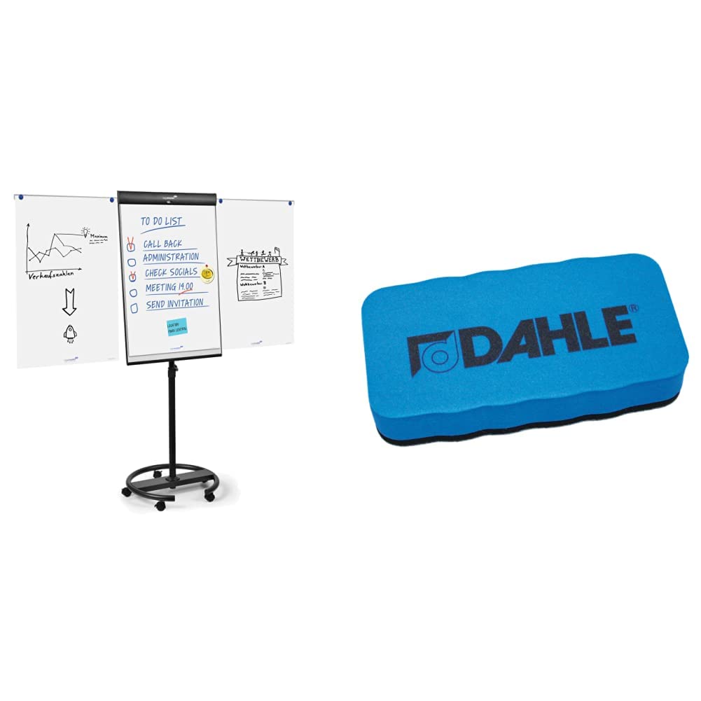 Legamaster 7-153600 Universal Flipchart Triangle Rundfuß, schwarz & Dahle Whiteboard Schwamm (Magnetischer Wischer für Trockenreinigung auf vielen Oberflächen) blau