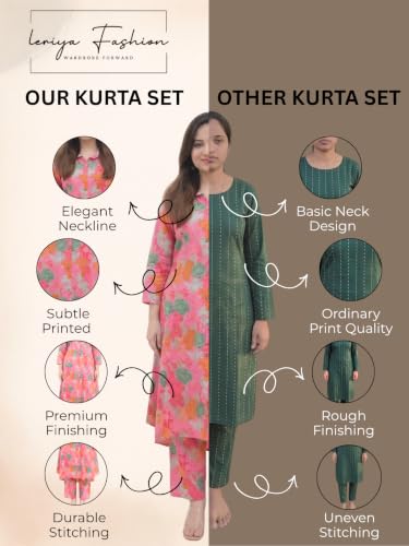Image of Leriya Fashion Women's Cotton Printed A-Line Kurti Pant Set | Abstract Leaf & Floral Kurta with Trouser Pant | Casual Ethnic Co-ord Set for Women Stylish | Elegant Anarkali Style Tunic Kurta Set