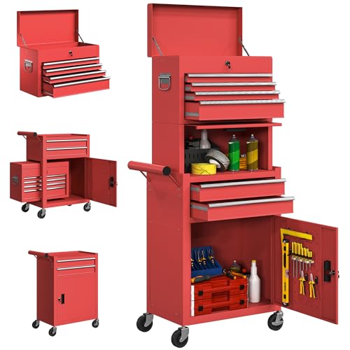 HOMCOM Carro de Herramientas con 6 Cajones y Cerraduras, 3 en 1, Carro de Taller Móvil con Ruedas y Panel Lateral Perforado, Caja de Herramientas Desmontable de Acero, para Taller, Garaje, Rojo