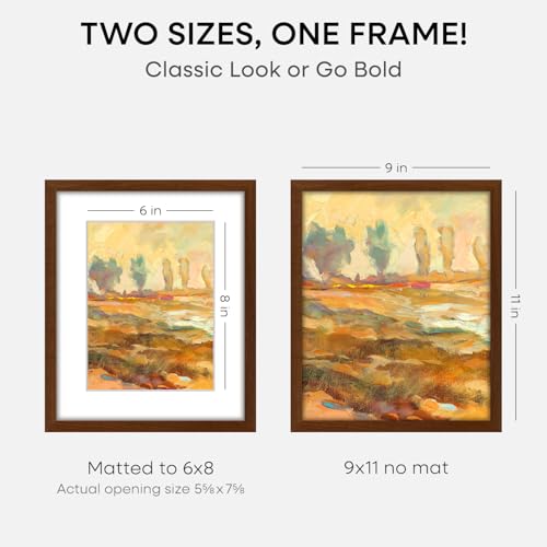 Image of Homeforia 9x11 Brown Oak Picture Frame, High-End Wood, 6x8 Mat, Glass | High End Solid Oak Wood, Tempered Glass, Acid-Free 6x8 Removable Mat, 9x11 Edge-to-Edge Display 11x9, Wall Kit, Set Of 2
