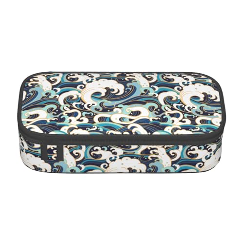 Image of Japanese Ocean Waves Large Pencil Case With Zipper Compartments Stationery Pencil Bag For Kids Teens Students School Supplies
