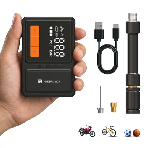 Image of Portronics Vayu Nano Cordless Mini Tyre Inflator for Two-Wheelers, Dual 600 mAh Batteries, Up to 120 PSI Pressure, 7.5 cm Air Hose, Digital Display, Auto Shut-Off, Type-C Charging, LED Light with SOS
