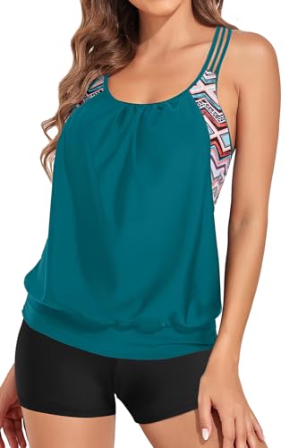 Image of Womens Plus Size Tankini Swimsuit Two Piece Tummy Control Bathing Suit | Blouson Racerback Tankini Top with Shorts, Double Up Design, Removable Pad