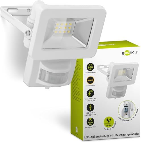 goobay 53878 LED Strahler Bewegungsmelder Außen 10W / PIR Sensor Außenstrahler IP44 / Neutralweißes Licht 850 lm/LED Scheinwerfer Fluter Wandmontage/Gartenstrahler/Weiß