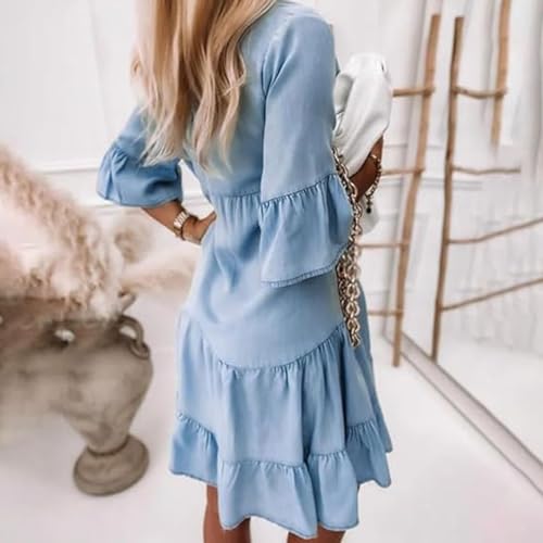 Alltoright Denim Dress, Alltoright Women’s V-Neck Ruffle Trim Dress-Denim-Effect Print, Suitable for Girls3