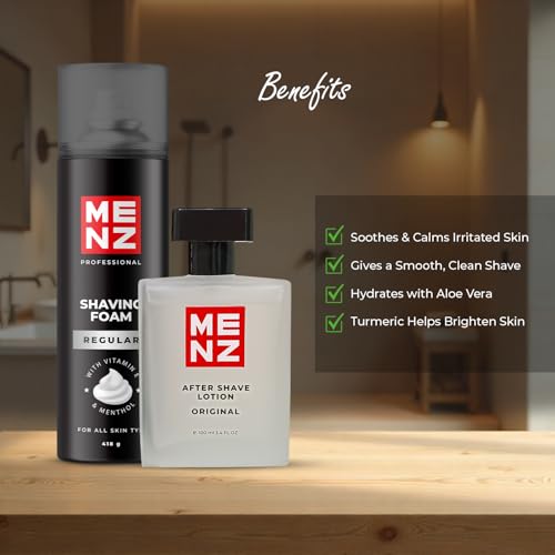 Image of MENZ Regular Shaving Foam with vitamin E 418gm & Original After Shave Lotion Enrich With Oat Milk 100ml Combo Pack for Men