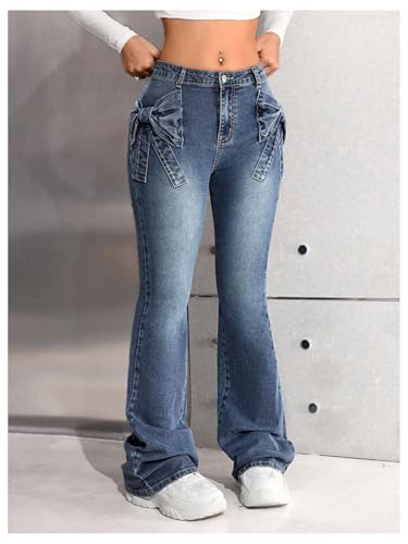 Floerns Girl's Cute Bow Flare Leg Jeans Stretchy Retro Bell Bottom Denim Pants2