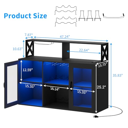 Image of Modern Wine Bar Cabinet with LED Light & Power Outlets - Sideboard Buffet with Wine Rack, Glass, Ample Storage - Freestanding Liquor Storage for Dining Room, Kitchen, Living Room