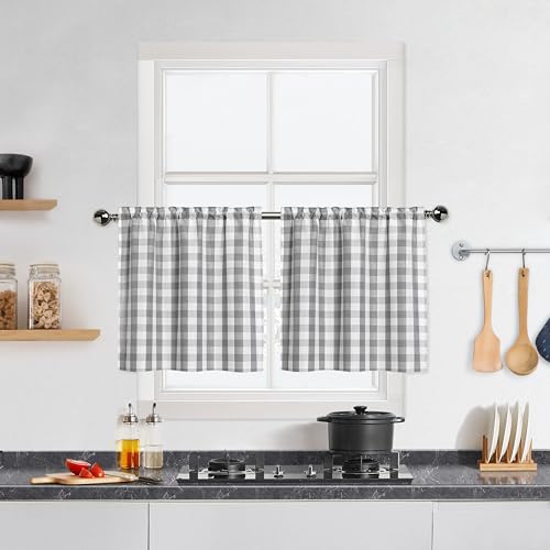 Rideaux à carreaux gris pour café, ferme, rideaux horizontaux de cuisine 61 cm de long, à carreaux, poche à barreaux, demi-fenêtre, rideaux courts pour...