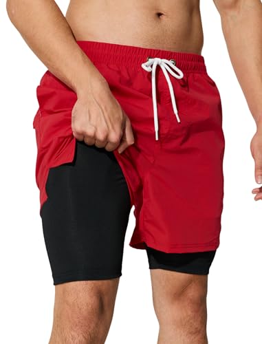 Mens Swim Trunks with Compression Liner 5 inch Inseam Quick Dry Bathing Suit 2 in 1 Board Shorts