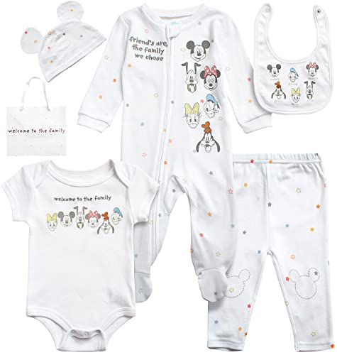 Image of Disney Newborn Baby Girl Boy Clothes - 7 Piece Mickey Mouse Winnie the Pooh Bib Onesie Overall Beanie Pants Gift Bag Gift Set