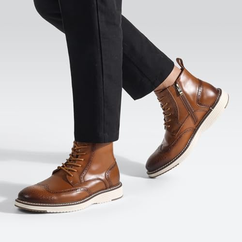 Mens Dress Boots, Genuine Leather Brogue Wingtip Mens Casual Oxford Boots with Side Zipper, Comfortable Formal Lace Up Chukka Ankle Boot for Men 6