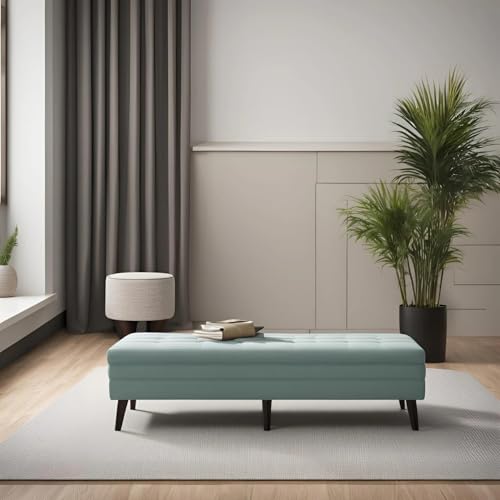 Image of Upholstered Storage Ottoman Bench for Bedroom & Living Room | 4 Ft Tufted End of Bed Bench with Hidden Storage | Long Sofa Bench Seating with Wooden Legs | Multipurpose Ottoman Bench Stool, Sky Blue