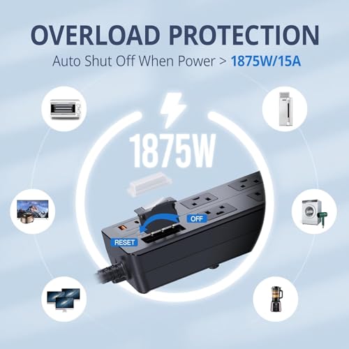 Image of IPX6 Waterproof Outdoor Power Strip, Overload Protector with 8 Wide Outlet 4 USB Ports (2A 2C), 6FT Extension Cord, Wall Mountable Weatherproof for Garden Patio Holiday Lights, UL Listed Black
