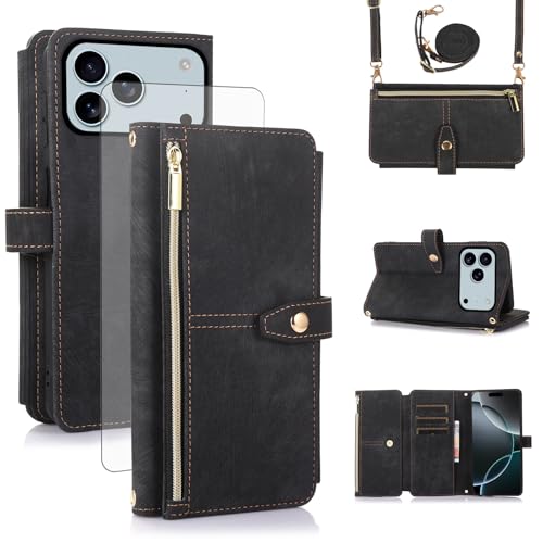 Protection iPhone 17 Pro Max portefeuille cuir noir avec film écran intégré