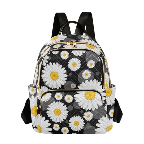Sac à dos matelassé femme petit format multipoche, sac de jour noir et blanc motif marguerite