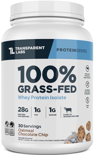 Transparent Labs Grass-Fed Whey Protein Isolate - Naturally Flavored, Gluten Free Whey Protein Powder with 28g of Protein per Serving & 9 Amino Acids - 30 Servings, Oatmeal Chocolate Chip Cookie