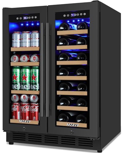 Wine and Beverage Refrigerator 24', Upgraded Dual Zone Wine Beverage Cooler with Glass Door and...