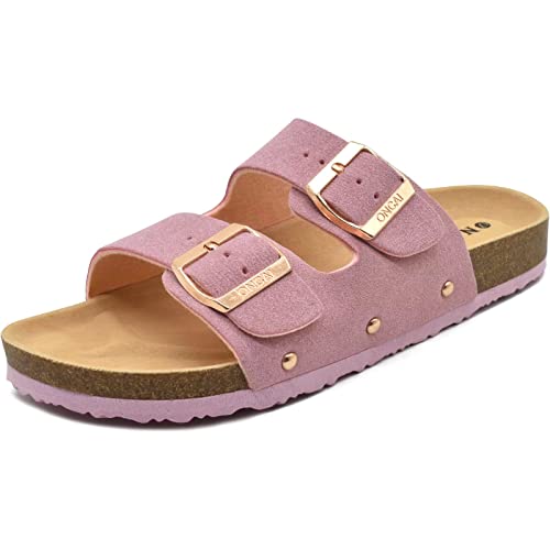 ONCAI Womens Comfortable Sandals Knock Off Clogs Sandals Women Dressy Summer Flat with Arch Support Two Strap Slip On Adjustable Buckle Slides Shoes for Women Pink Size 10