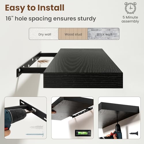 Image of 48 Inch Floating Shelves for Wall, 8 Inch Deep Floating Shelf for Storage & Display, Rustic Wall Mounted Shelf with Invisible Brackets for Living Room, Kitchen, Bathroom, Home Decor, Set of 2, Black