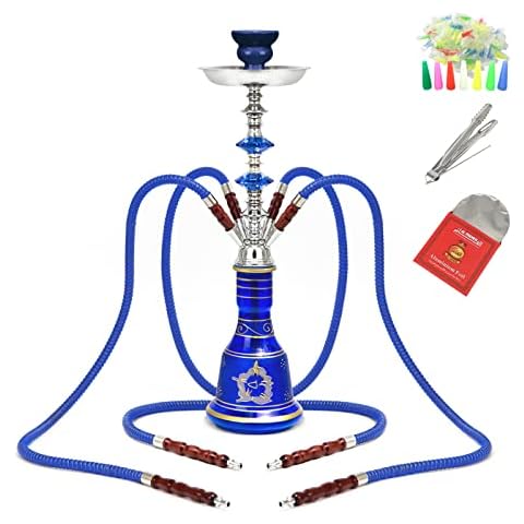 MIAOLLUN Hookah Set 4 Hose, 22'' Hookah Complete Shisha Set with Glass Vase, Ceramic Bowl And Coal Tongs Ashtray with Everything Included,Blue Cover