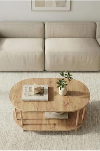 Sehpa, İskandinav Tarzı Alt Raflı Oval Orta Dekoratif Salon Masası (atlantik çam)