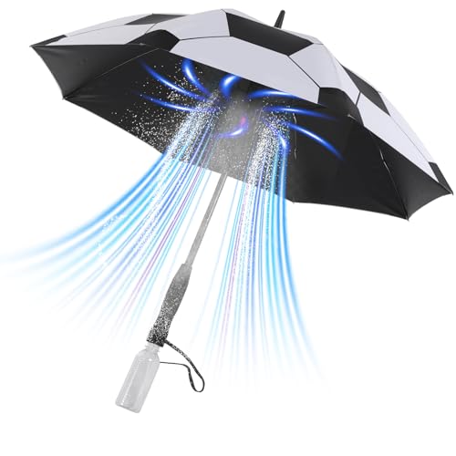 Oviora Rechargeable Umbrella with Fan - 3-in-1 Handheld Cooling System Build in Mist Spray UV Protection Full-Body Coverage for Beach Golf Festivals and Outdoor Activities (Soccer Pattern)