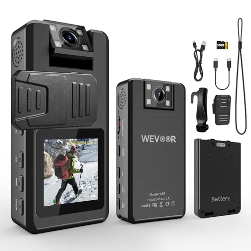 1296P Mini Video Body Camera 32GB 20Hrs Portable Wearable Police Camcorder 180 Rotatable Lens 1 Spare Battery Wevoor Personal Small Cameras wirh Back Clip Night Vision for Security/Outdoor/Travel