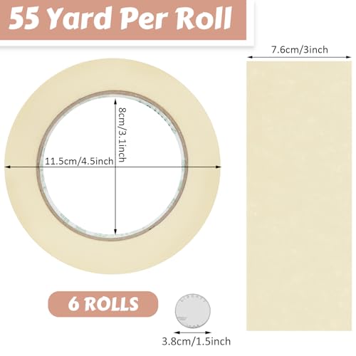 Image of Fainne 6 Rolls 3 Inch Masking Tape Bulk 55 Yards | General Purpose Tape for Classroom, Labeling, Crafts, Office, School Projects, Easy Tear & Clean Removal, Beige White