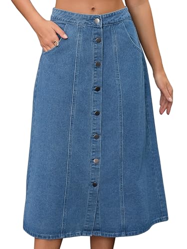 Women's Denim Skirt Button Down Front Slit High Waisted Pockets A Line Midi Jean Skirts