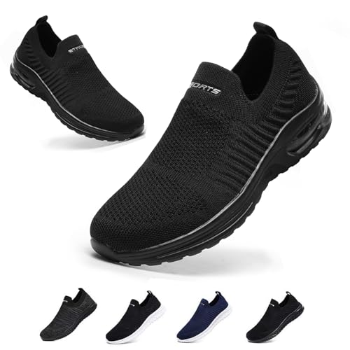 Mens Womens Slip On Trainers Air Cushion Casual Nordic Walking Shoes Breathable Running Shoes Nurse Work Shoes Lightweight Sports Tennis Shoes Soft Mesh Gym Workout Sneakers Black