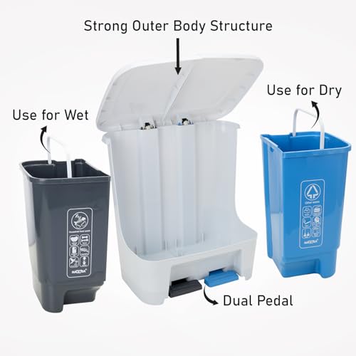 Image of Nayasa 2 in 1 Pedal Dustbin Bold - 25 L (12.5 L Each) | Twin Compartment Wet & Dry Waste Bin | Durable Plastic Pedal Bin for Home, Kitchen & Bathroom | Blue & Grey
