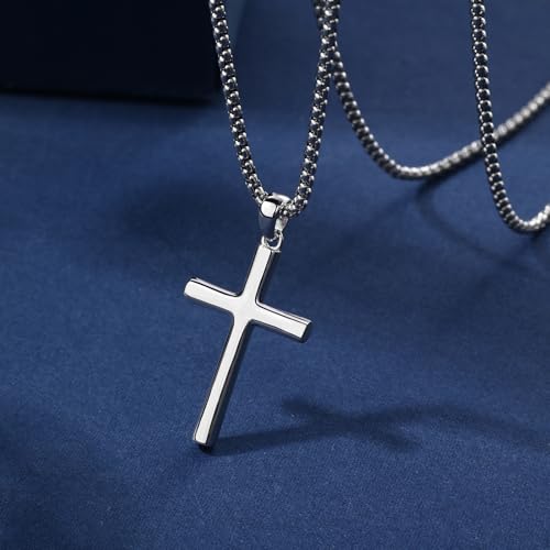 Small Cylindrical Cross Pendant Necklace 925 Sterling Silver for Women with 18", 20" Sturdy Chain 14K White Gold Plated3