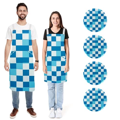 Tabliers de cuisine doux à carreaux bleus pour homme et femme lot de 2