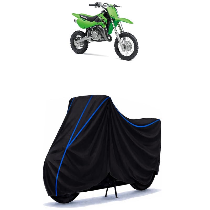 Image of KX65 Bike Cover Water Resistant Universal Motorcycle Rain | Heavy Duty UV Protection, Dust, Scratch Indoor Outdoor All Weather with Black Blue Piping Elastic