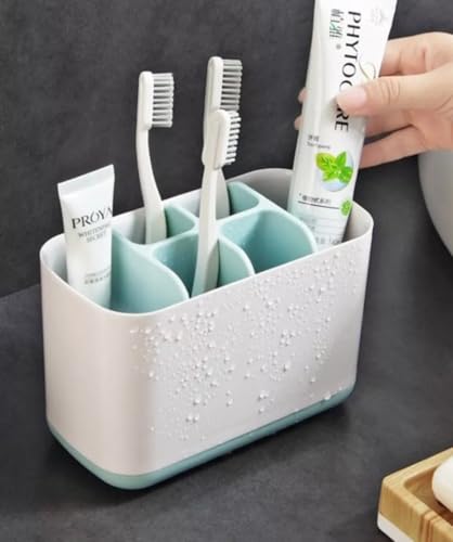 Image of LUXART Toothbrush Holder | Multipurpose Bathroom Organizer with Drainage System | 17.5 x 9 x 11.5 cm White & Blue Large Capacity Caddy for Electric Toothbrushes Toothpaste and Skincare Accessories