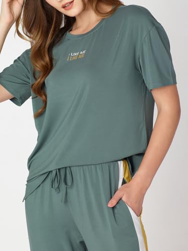 Image of Night Suit for Womens Side Stripe Modal Night Dress of Top and Pajama Set 9374