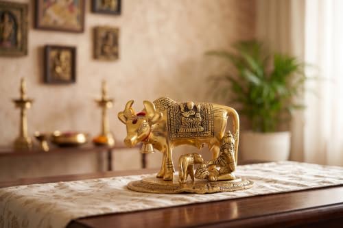 Image of KridayKraft Kamdhenu Cow,Calf with Bal Gopal Krishna Metal Statue for Good Luck,Feng Shui As Table Top Figurine,Vastu,Religious Gau MATA Idol Home,Office&Table (Gold, Medium)