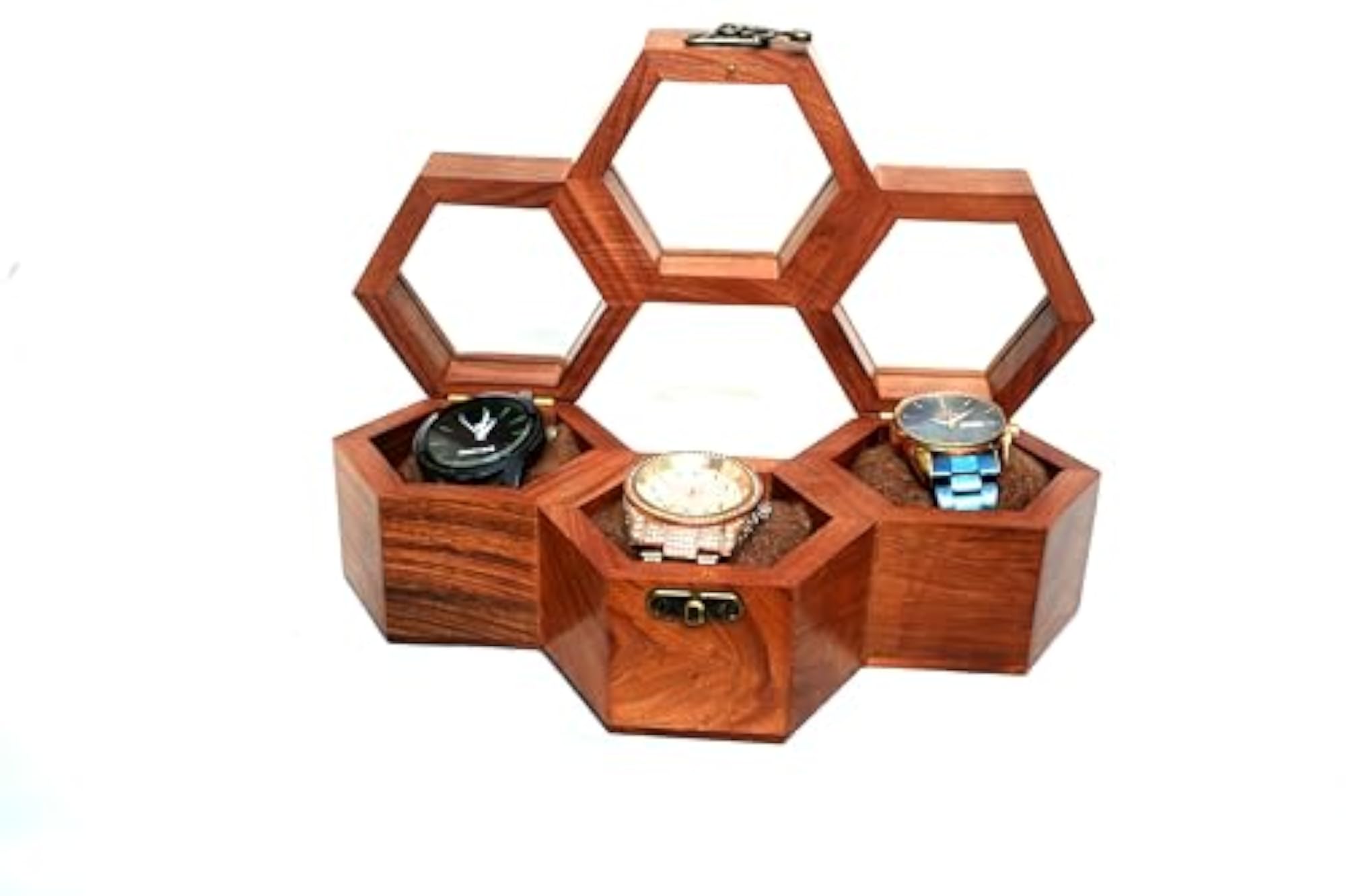 Hexagonal Wooden Watch Display Box, 3-Slot Storage Case