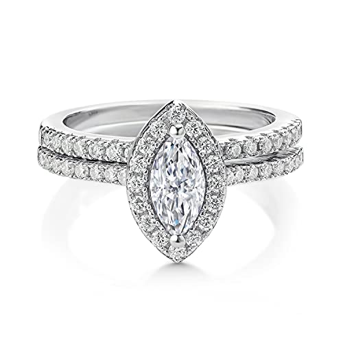 Gem Stone King 1.02 Cttw White Moissanite Wedding Engagement Ring Band Bridal Set For Women | 925 Sterling Silver | Marquise Cut 8X4MM | Available in Size 5,6,7,8,93