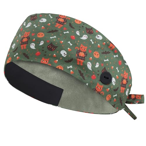 Image of Adjustable Scrub Cap with Button, Satin-Lined Cotton Scrub Hat Sweatband, Elastic Working Hat Unisex, One Size