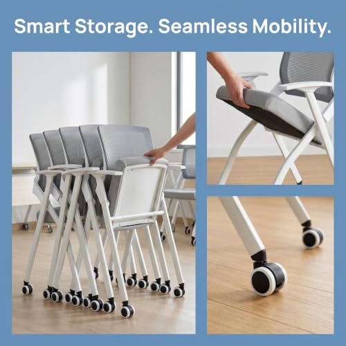 Image of Folding Office Chair with Wheel,Conference Room Chairs with Smooth Armrest-Mesh Back,Rolling Stackable Foldable Desk Chair for Guest Reception Meeting Classroom Training Seminar ,Gray∰with wheel,40