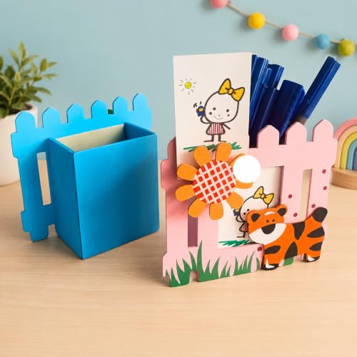 Image of GOLD LEAF Wooden Pen Stand with Photo Frame DIY Craft Kit for Kids, Multicolor Birthday Return Gifts, Desk Organizer, Paintable Wooden Pencil Holder, Pack of 6 (Fence)