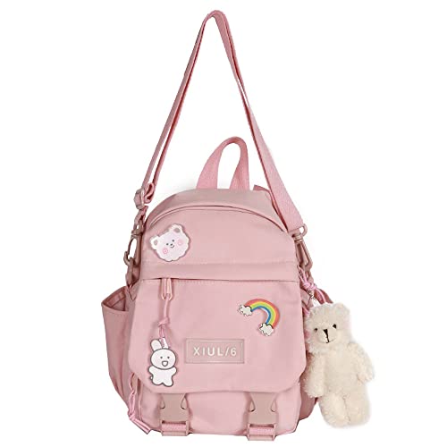 Kawaii Mini mochila con accesorios de alfiler, colgante de felpa Kawaii mochila escolar linda mini estética, rosado-4, Mochilas