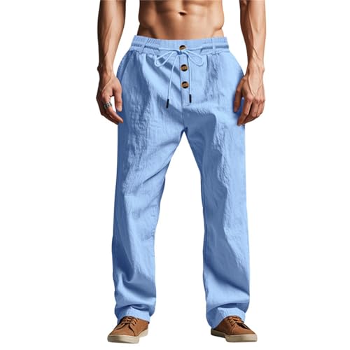 WENKOMG1 Mens Cotton Linen Pants Button Fly Elastic Waist Drawstring Lightweight Breathable Straight Leg Lounge Pants