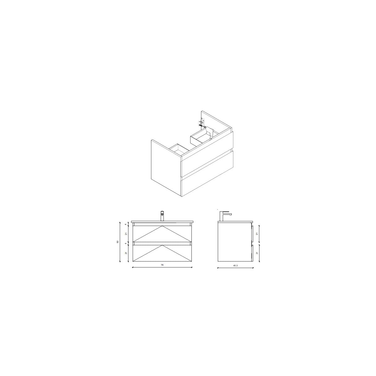Belvit Arona Waschbeckenunterschrank, 80 cm hängender Waschtischunterschrank aus MDF, Badunterschrank mit 2 Schubladen, Softclose, pflegeleichtes Badmöbel, modernes Badezimmer, Helles Holz