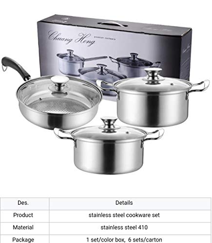 Pots and Pan Cookware Set,Kitchenware, 6 Piece of Stainless Steel Soup Pot & Frying Pan Set with Insulation Handle & Induction Bottom. 5 Gallery Image