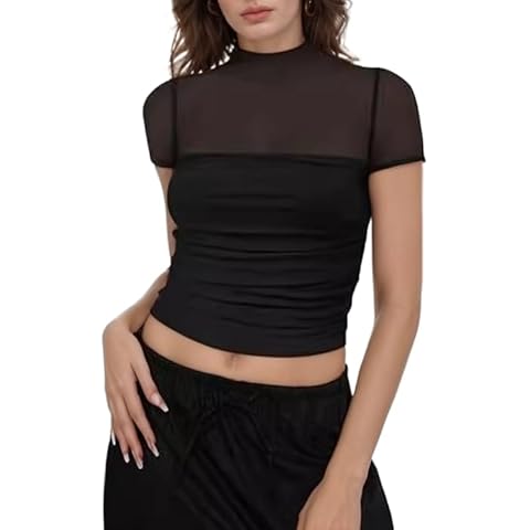 FIGKICKSEN Women’s Mesh Sheer Short Sleeve Crop Top Ruched Mock Turtleneck Going Out Trendy Summer Bustier Shirts Cover